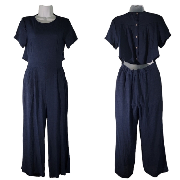 MOD REF Womens Navy Jumpsuit Sz M Wide Leg Short Sleeve Back Button Side Zip - Picture 1 of 11